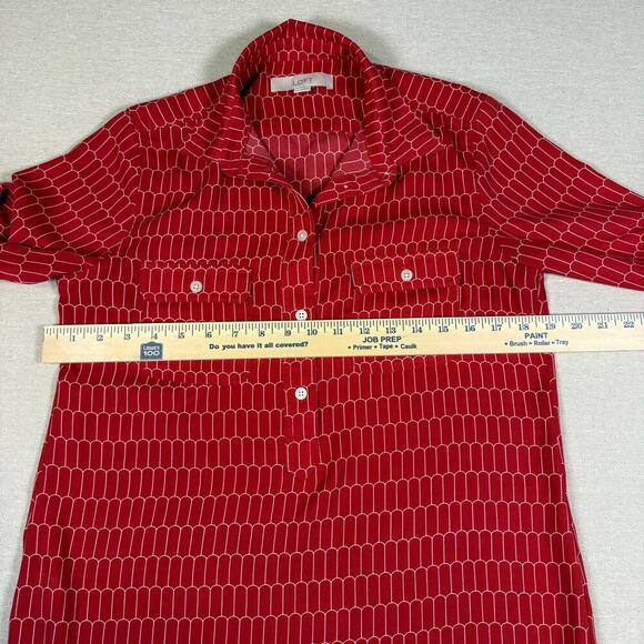LOFT Red Geometric Print Utility Blouse Mod Inspired Long Sleeve Size S - Picture 4 of 7